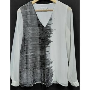 Calvin Klein V-Neck Blouse Black White Graphic Print Woven Long Sleeve Size S/P
